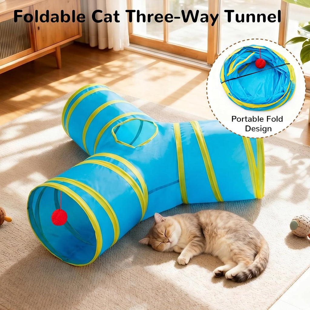 Tempcore Cat Tunnel, 3-Way Collapsible Toy for Indoor Cats, Blue & Yellow | 3-Way Cat Tunnel with Peek Holes, Hanging Ball and Teaser Wand, Collapsible Design for Play, Hiding, Chasing and Exercise