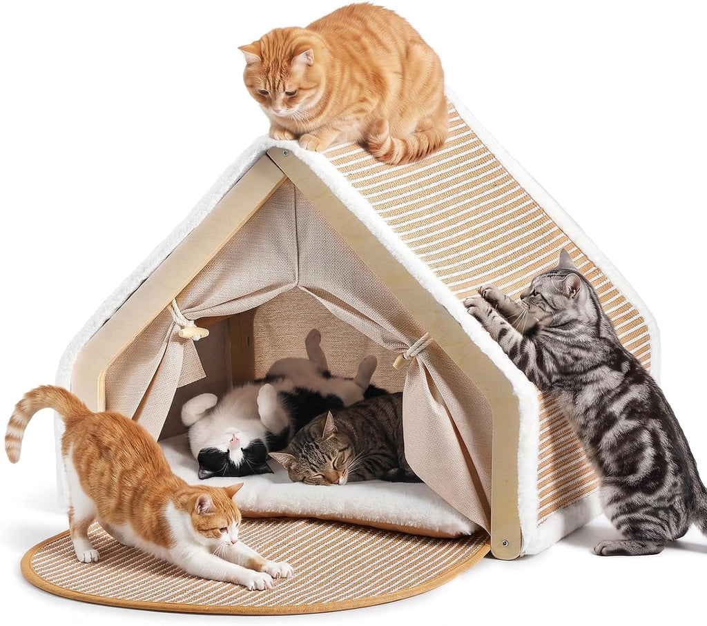 Cat House Indoor, 3-in-1 Wicker Cat Condo Scratcher Cave