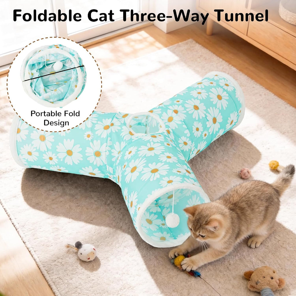 Tempcore Cat Tunnel, 3-Way Collapsible Toy, Large Size Daisy Blue Printed | Large Size 3-Way Cat Tunnel Provides More Room for Cats to Run, Hide and Chase, with Peek Holes, Hanging Ball and Teaser Wand