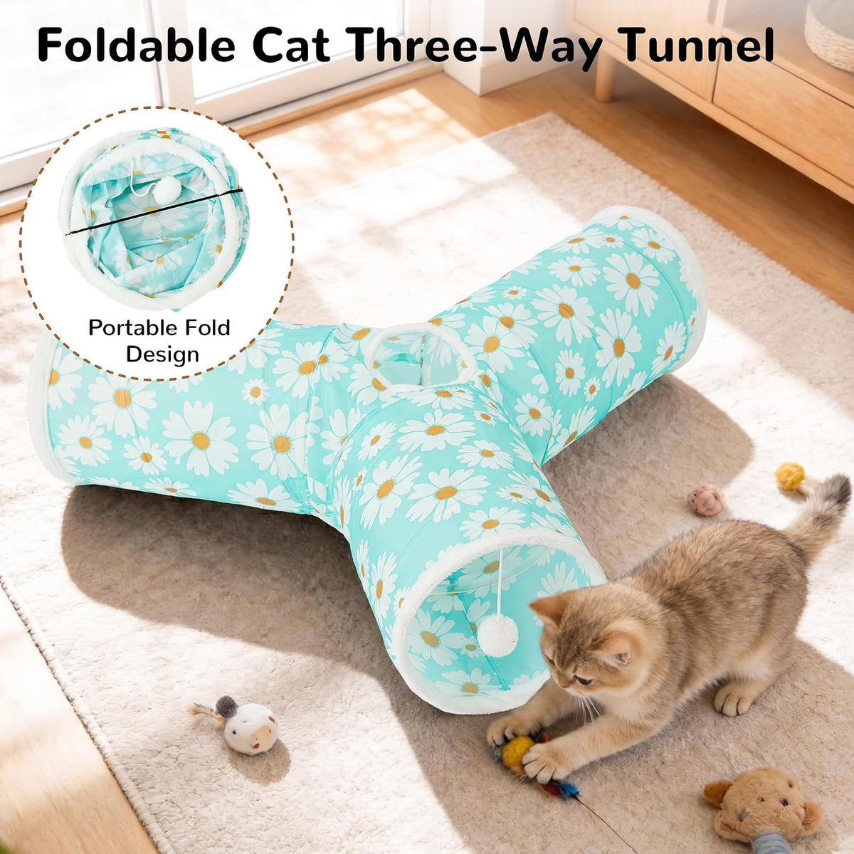 Tempcore Cat Tunnel, 3-Way Collapsible Toy, Large Size Daisy Blue Printed | Large Size 3-Way Cat Tunnel Provides More Room for Cats to Run, Hide and Chase, with Peek Holes, Hanging Ball and Teaser Wand
