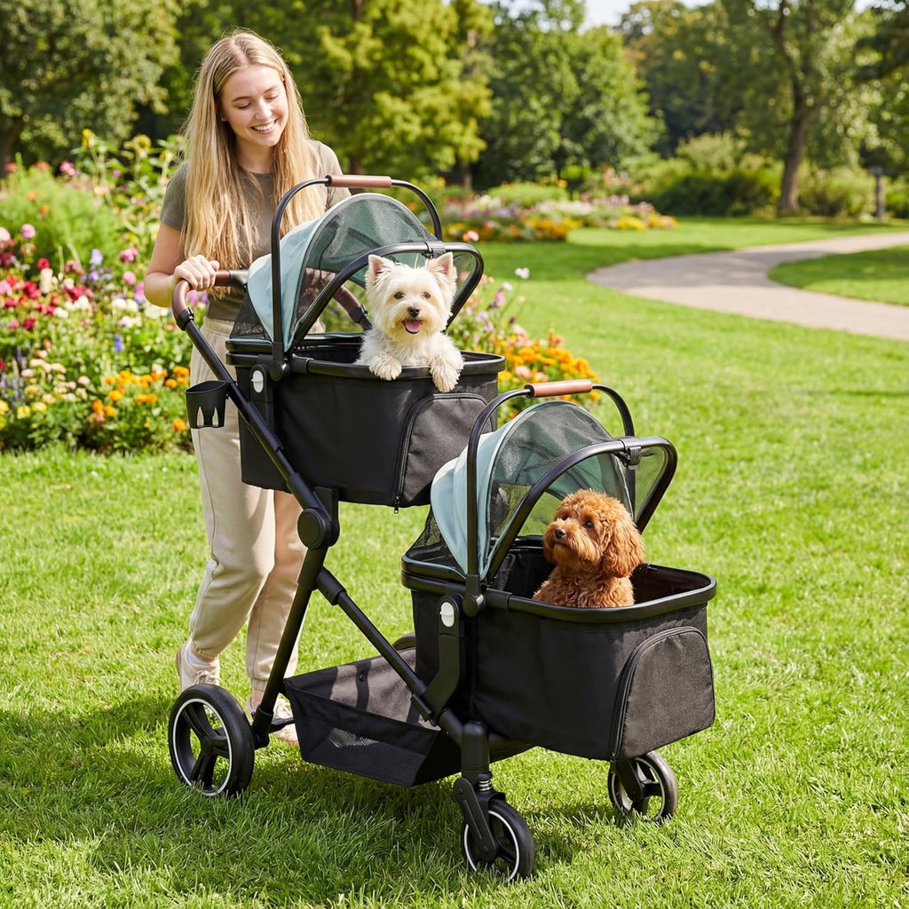 Foldable Double Pet Stroller for 2 Small Medium Cats Dogs