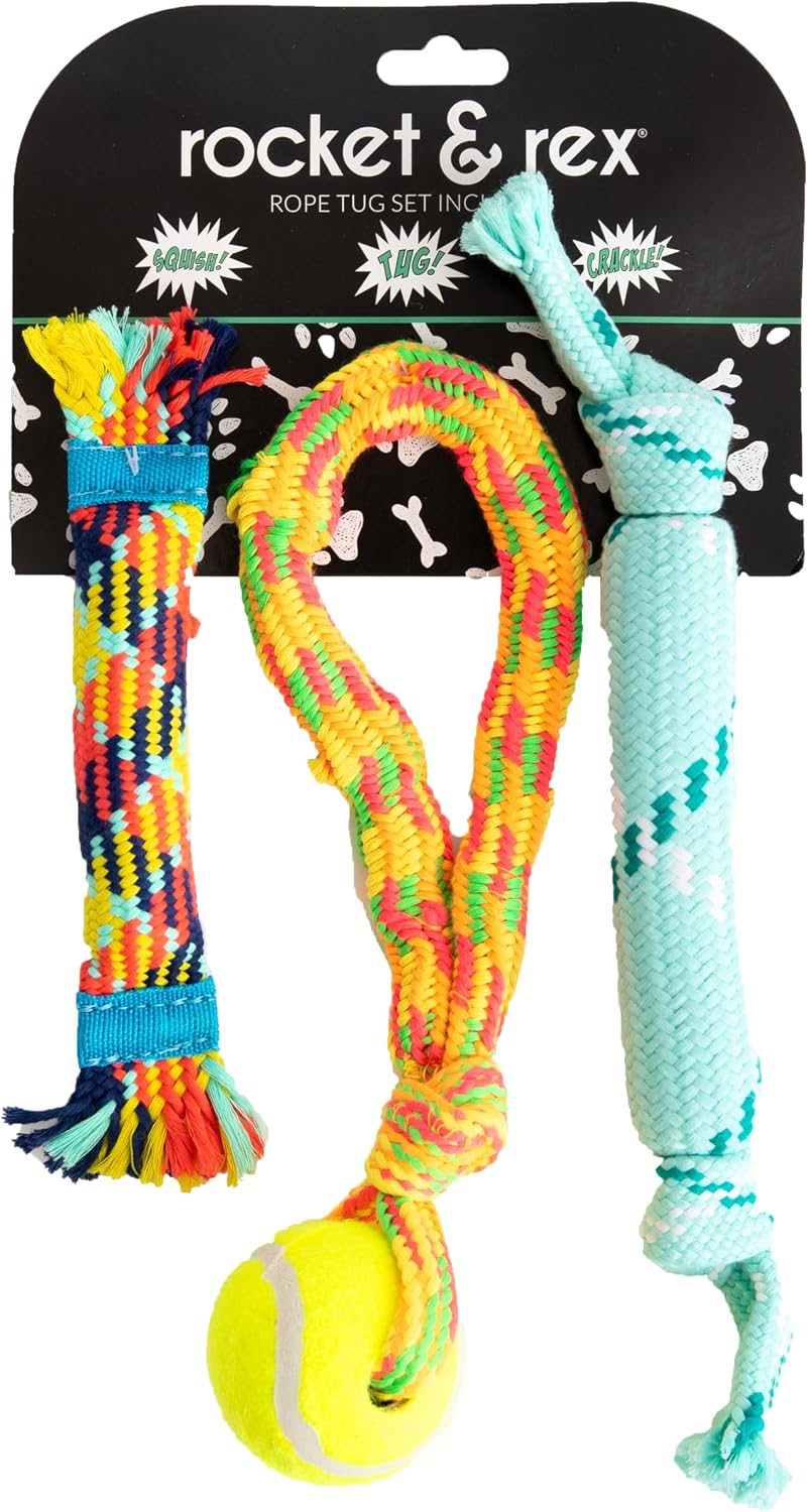 rocket & rex Puppy Rope & Tug of War Toys for Teething (3pk) | For small-medium breeds. Stretchy tug, rubber-lined rope & crackle rope toys. Reduce anxiety & chewing.
