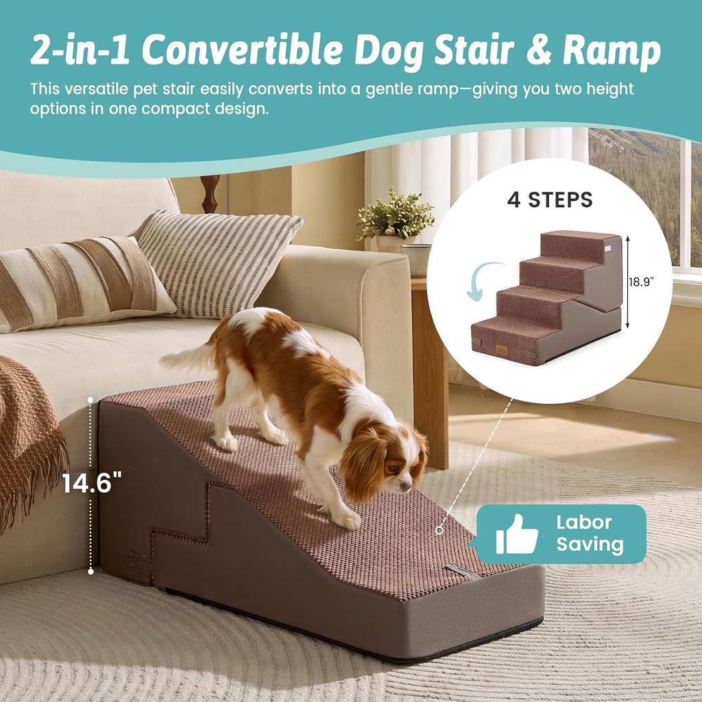 COZY KISS Dog Stairs for Small Dog, 18.9" H, 4 Step pet Step for Bed, Brown