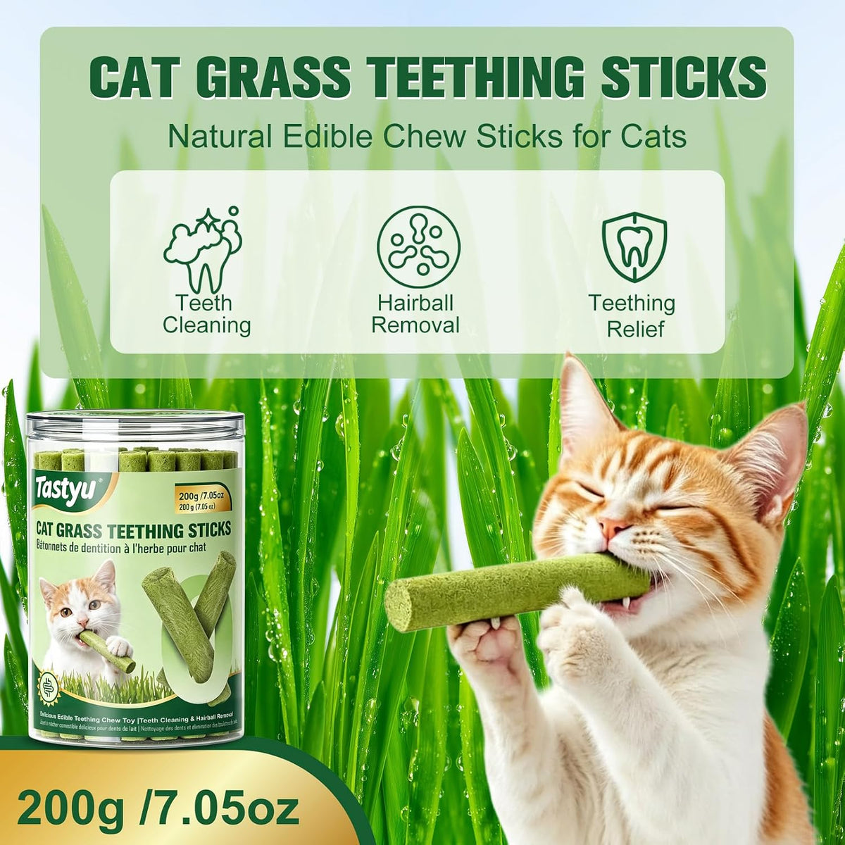 Cat Grass Teething Sticks for Cats, 200g/7.05oz Natural Edible Cat Chew Sticks with Real Chicken & Cat Grass, Teeth Cleaning, Hairball Control & Teething Relief Treats for Cats Over 3 Months Old