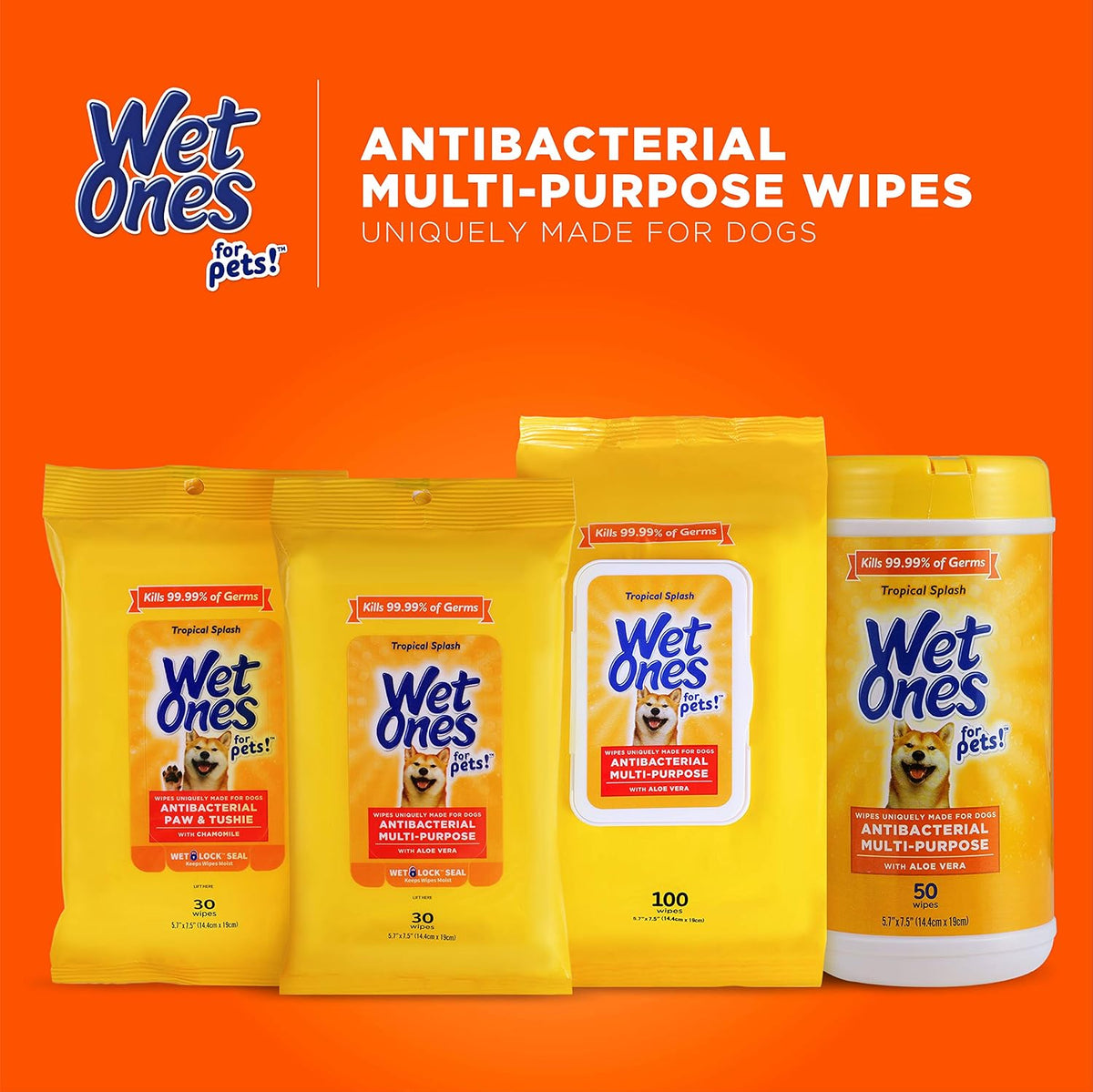 Wet Ones for Pets Antibacterial Dog Wipes, Tropical Splash, 50 Count, 12-Pk