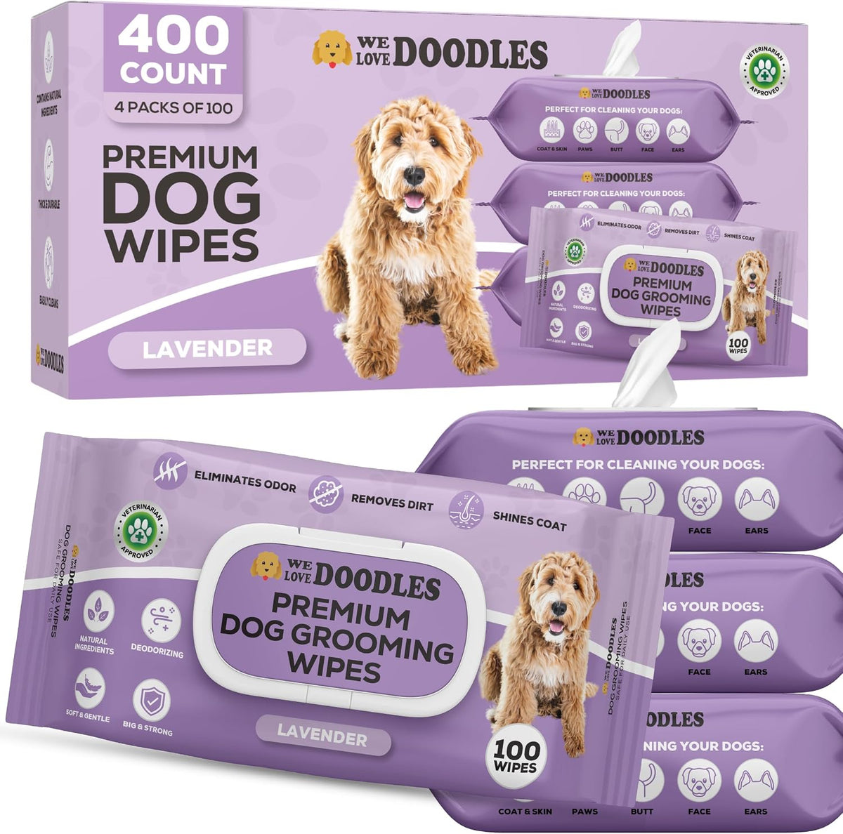 Dog Wipes, Deodorizing & Cleaning, Lavender Scent, Made in USA, 400 Count