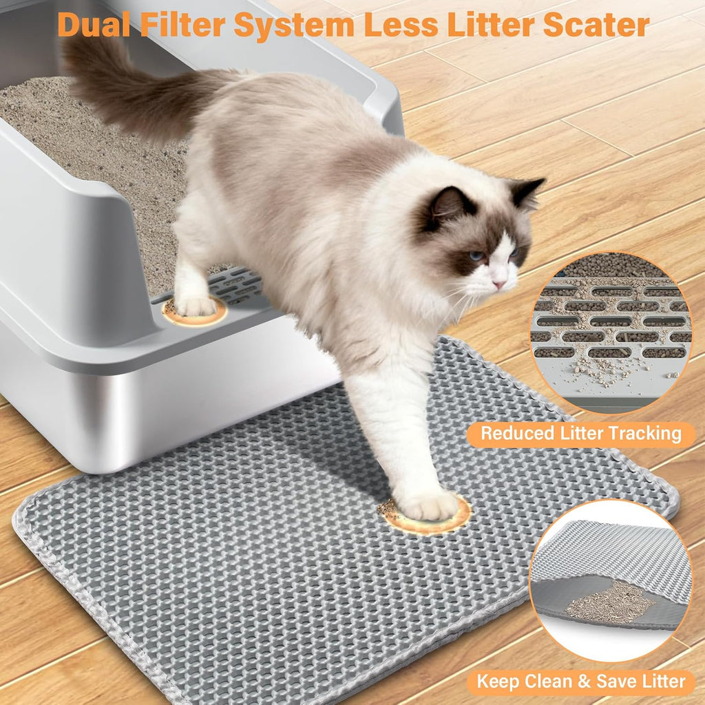 Stainless Steel Litter Box XL-Metal Cat Litter Box for Big Cat | Large Metal Litterbox with High Side，Non-Stick, Odor-Resist, Anti-Urine Leakage, Easy-Clean, Includes Mat & Scoop
