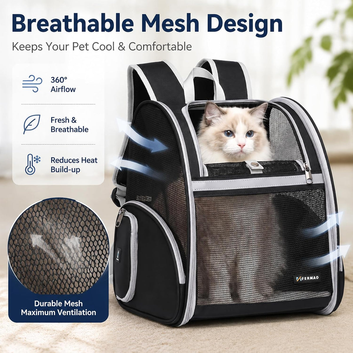 Cat Backpack Carrier for Small Dogs and Medium cat Puppy Kitten Bunny Pet Carrier Backpack Collapsible with Fully Ventilated Mesh with Safety Leash (Black, 12.9" L x 10.62" W x 15.5" H - M)