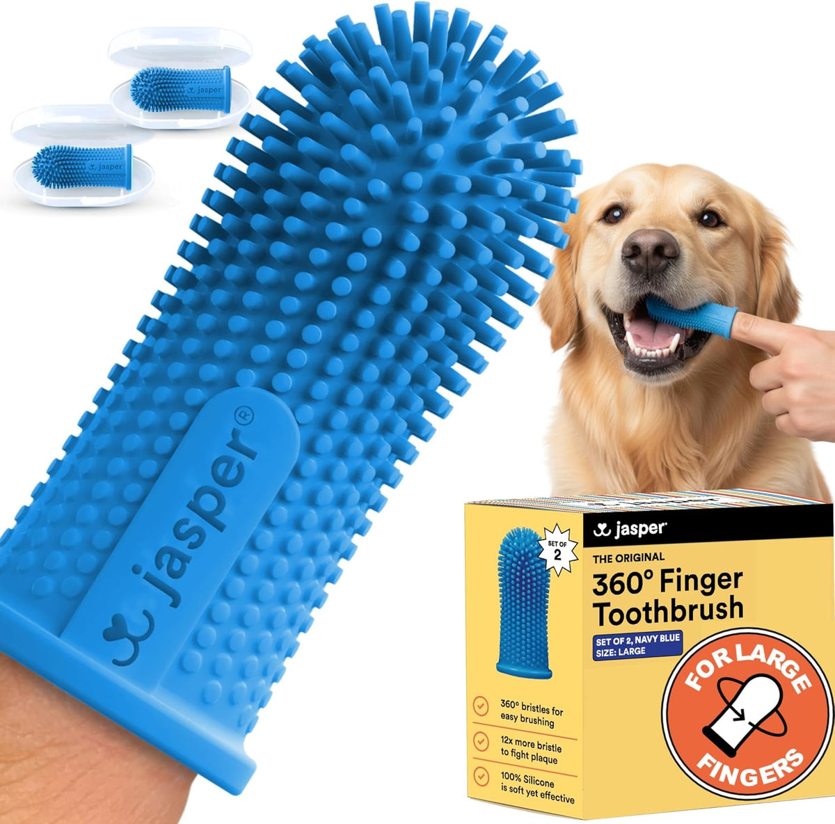 Jasper Large Dog Toothbrush, 360 Degree Pet Tooth Brushing Kit, Cat Toothbrush, Canine Dental Care & Teeth Cleaning Kit, Pet Finger Tooth Brush, Use with Dog Toothpaste, 2-Pack Navy-Blue Large