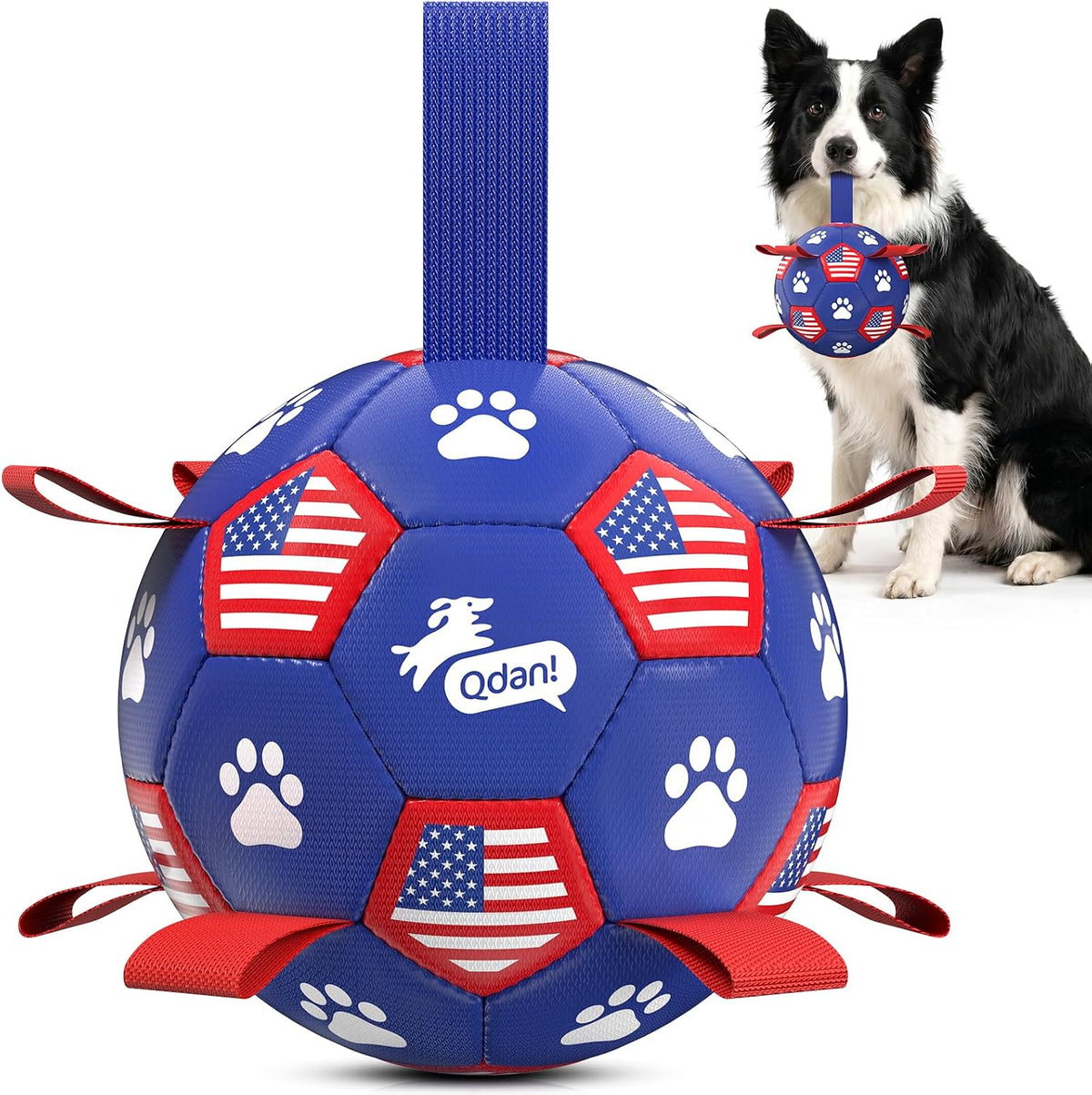 QDAN Dog Toys, Dog Soccer Ball with Straps, Herding Ball for Small Dogs | 6 Inch Dog Toy Ball for 20-40 lbs Dogs, Outside Dog Toys for Beach Pool Water Fun to Keep Them Busy, Puppy Birthday Present
