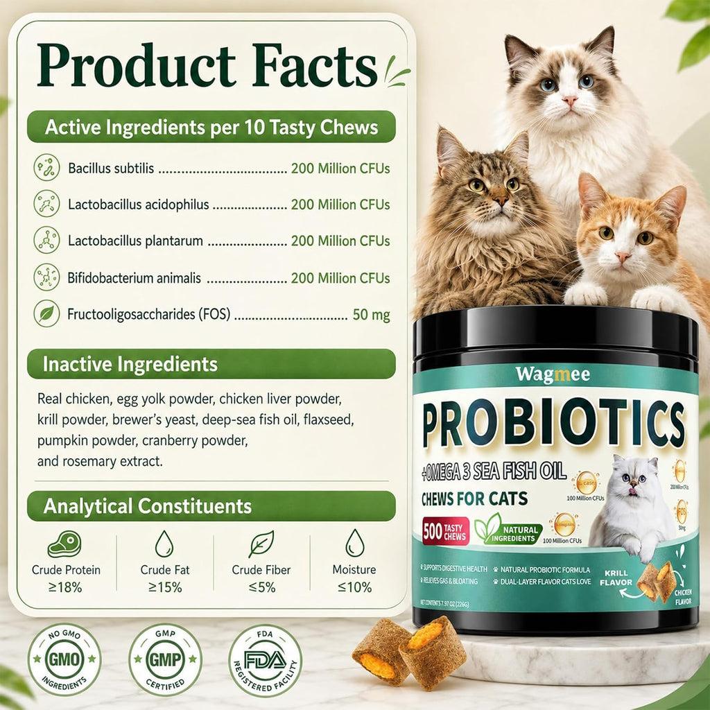 Cat Probiotics Chews 500 Count, Omega 3 Fish Oil Skin Coat Gut Support