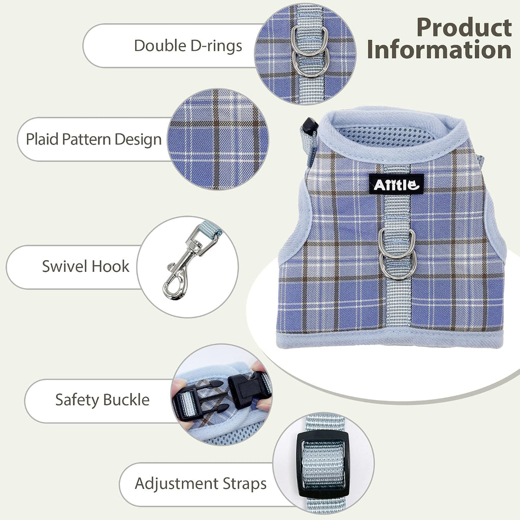 AIITLE Plaid Adjustable Cat Harness and Leash Set Escape Proof, Blue L