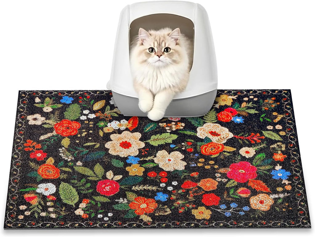 Cat Litter Mat, 24" x 16" Litter Box mat, Traps 100% Litter, Non-Slip Kitty Litter Trapping mats, Small Cute Litter mat, Easy Clean for Scatter Control, Bohe cat Food mat, Urine Waterproof | Traps 100% Litter, Cute litter mat for litter box, Soft on Ki...