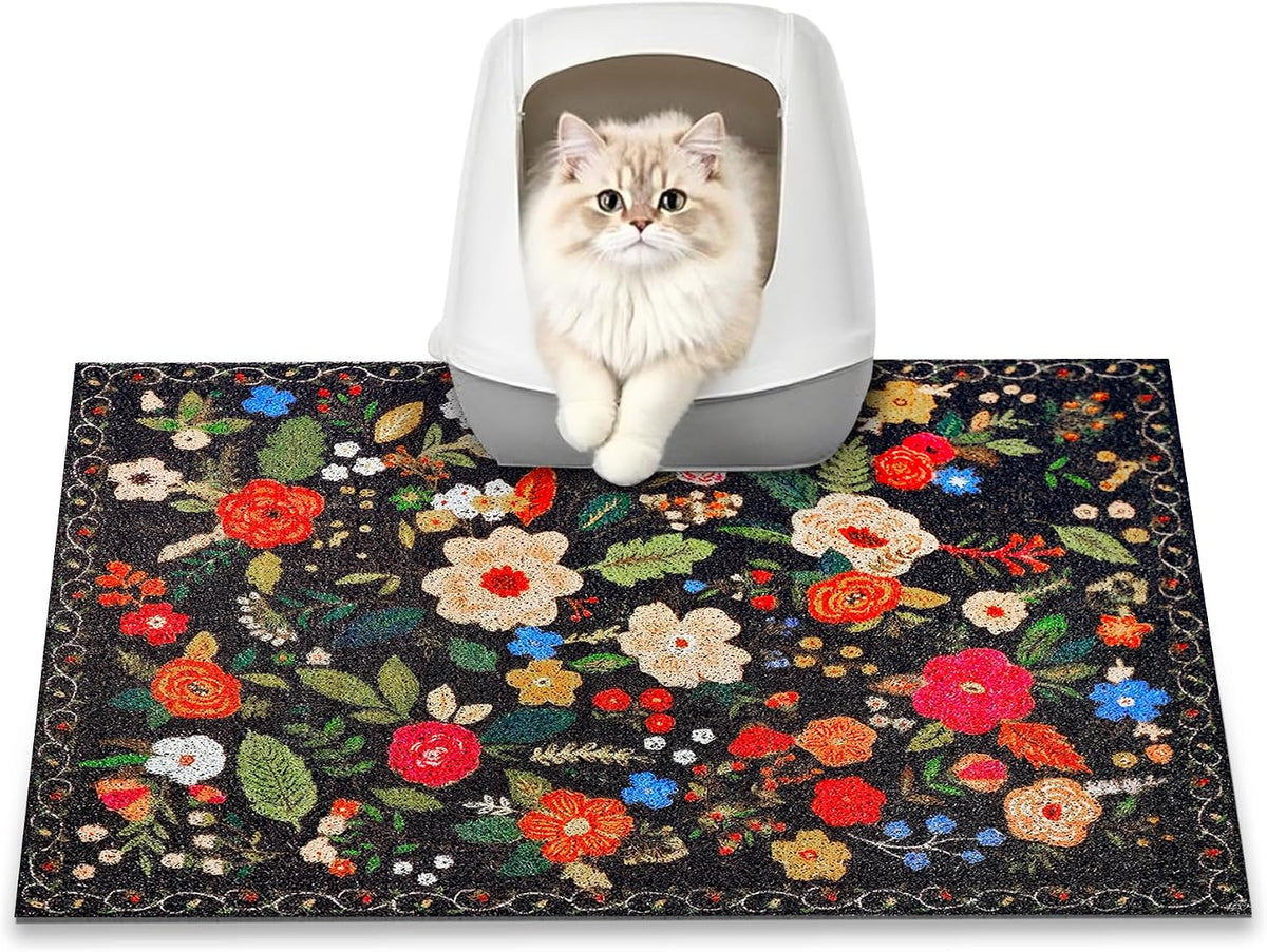 Cat Litter Mat, 24" x 16" Litter Box mat, Traps 100% Litter, Non-Slip Kitty Litter Trapping mats, Small Cute Litter mat, Easy Clean for Scatter Control, Bohe cat Food mat, Urine Waterproof | Traps 100% Litter, Cute litter mat for litter box, Soft on Ki...