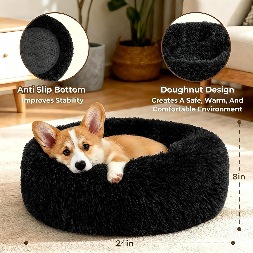 Calming Donut Dog Bed for Small Dogs, Anti-Anxiety Round Washable Plush Fluffy Faux Fur Large Cat Bed, 24 inches Fits up to 25 lbs Pets, Anti-Slip Waterproof Mute Base Black