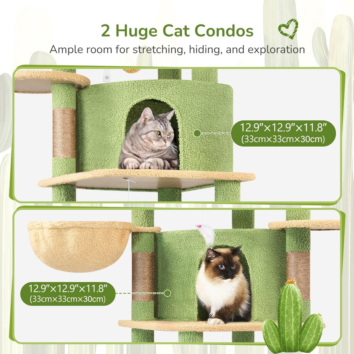Globlazer 66in Cactus Corner Cat Tree for Indoor Large Cats, C66, Green