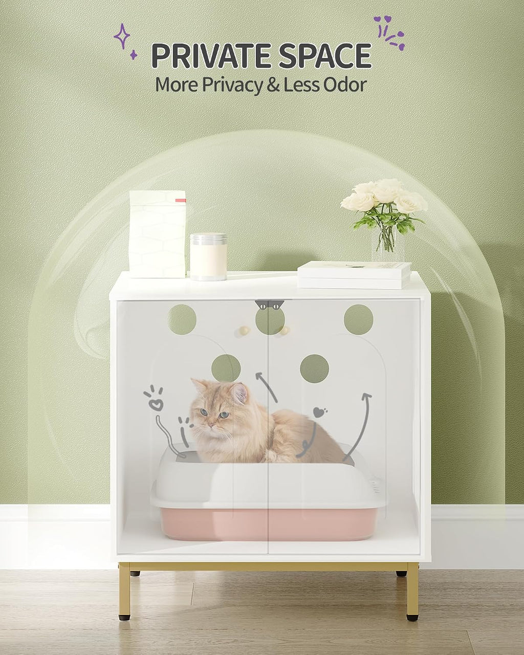 Hzuaneri Cat Litter Box Enclosure, Hidden Litter Box Furniture, Sisal Mat | Wooden Indoor Cat Cabinet, Modern Cat Washroom, Side End Table, for Living Room, Bedroom, White and Gold CB81203G
