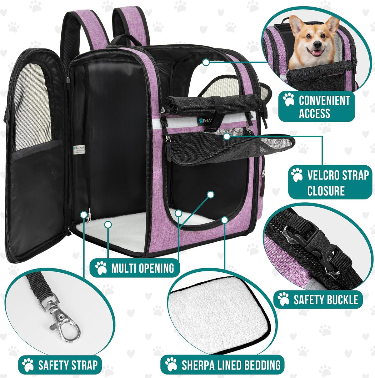 PetAmi Dog Backpack Carrier, 4-Way Entry Ventilated, 18 lbs, Purple