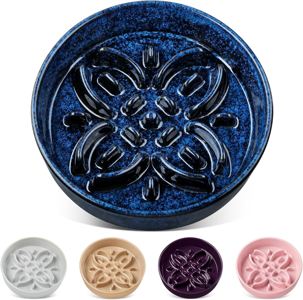 vancasso Ceramic Slow Feeder Dog Bowls, Puzzle Dog Food Bowls with Floral Maze, Anti -Slip Pet Food Dish for Medium Breed, 1.5 Cups, Blue