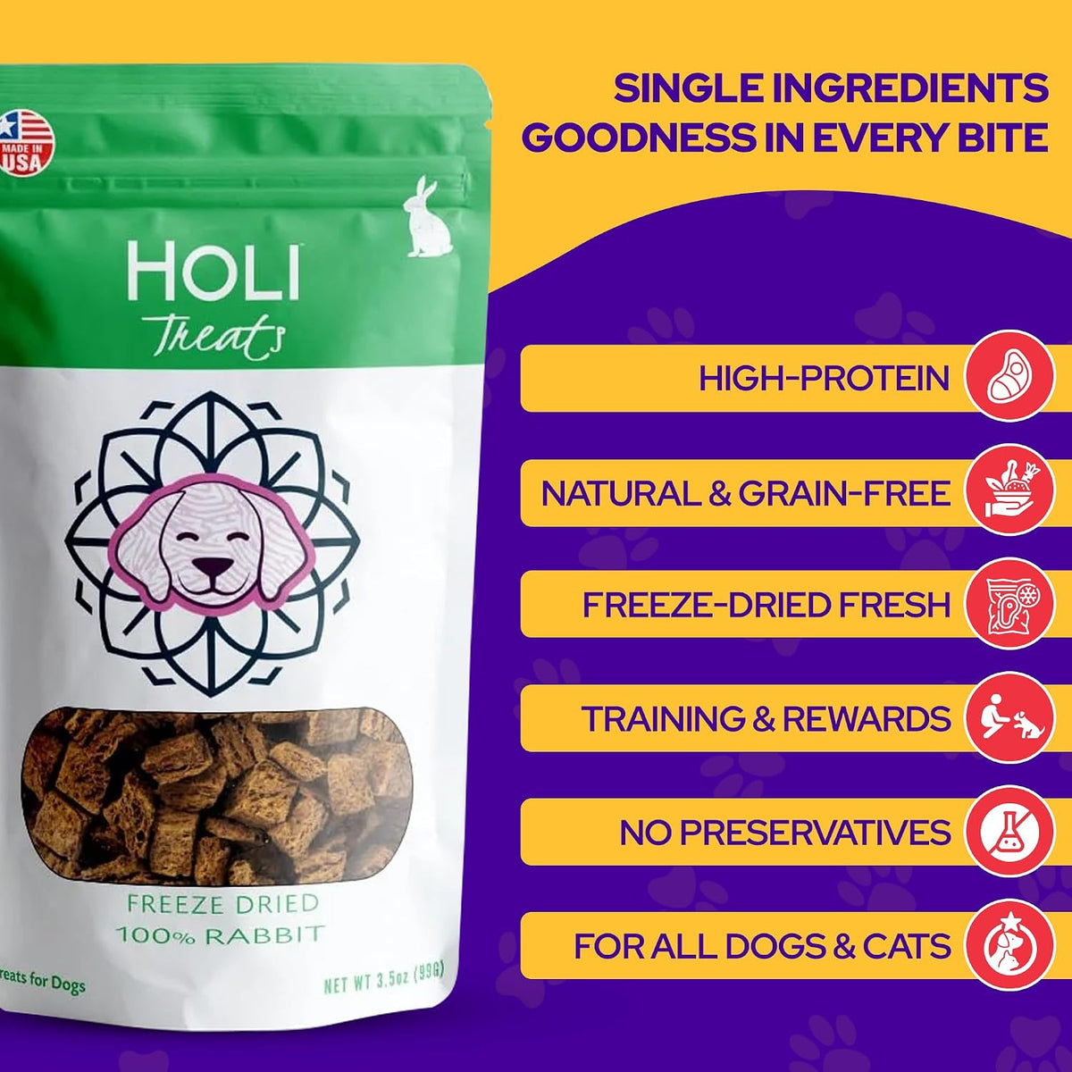 HOLI Freeze Dried Rabbit Dog Treats – Single Ingredient Freeze Dried Rabbit Treats for Dogs – All Natural – High Value Training Treats - 1.75 oz