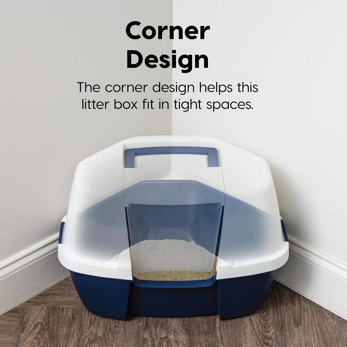 IRIS USA Large Corner Cat Litter Box, Space Saver, Navy/White | Small Apartments, Triangular Footprint, Compact Triangle Shape, 90-Degree Design, Odor Defensive, Hidden Placement