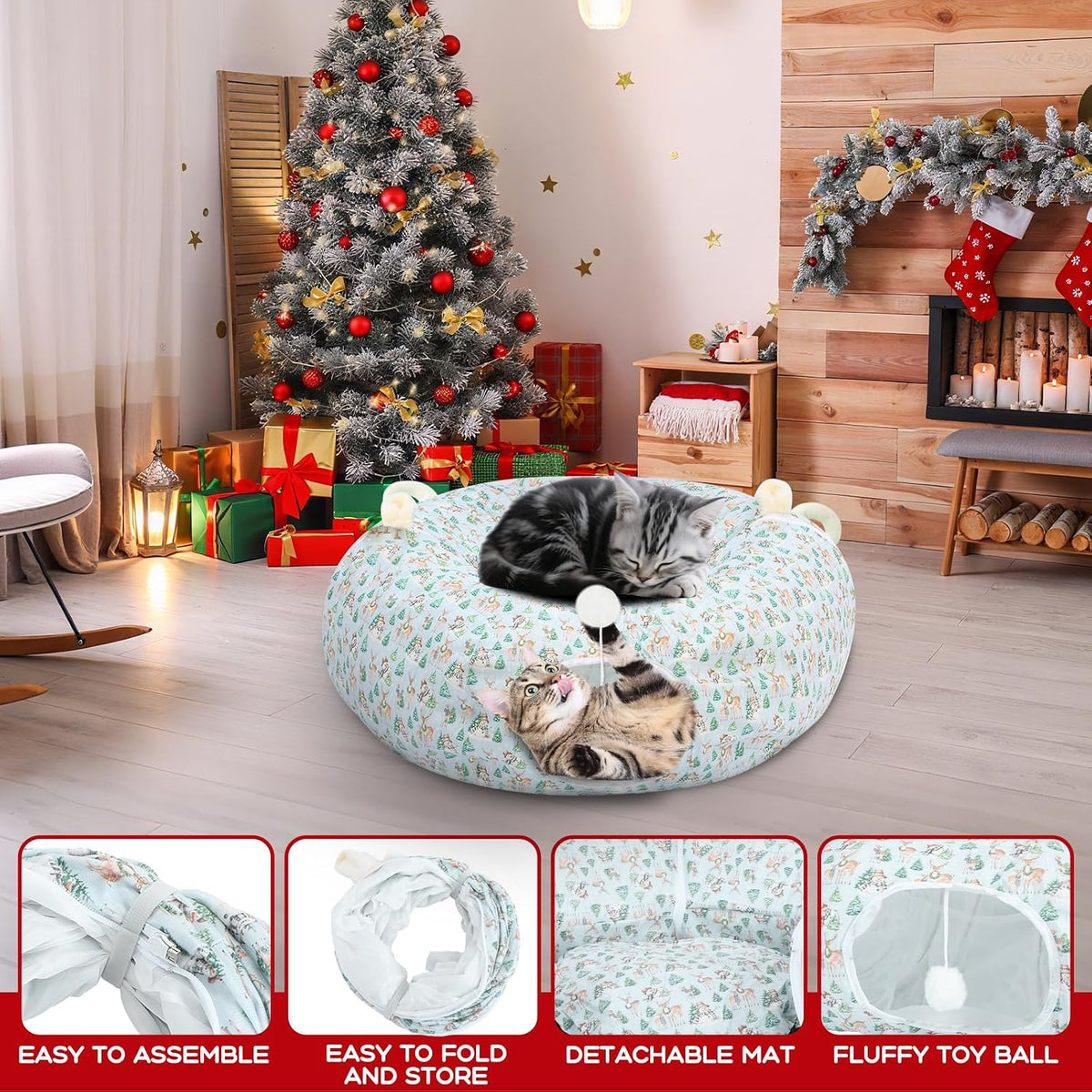 Hollowfly Woodland Christmas Cat Bed Tunnel 3ft x 3ft x 9.8in Winter Forest Under Tree Cat Donut Tunnels Snowman Reindeer Plush Peekaboo Cave Toy Collapsible 3 Way Xmas Gifts for Small Kitty