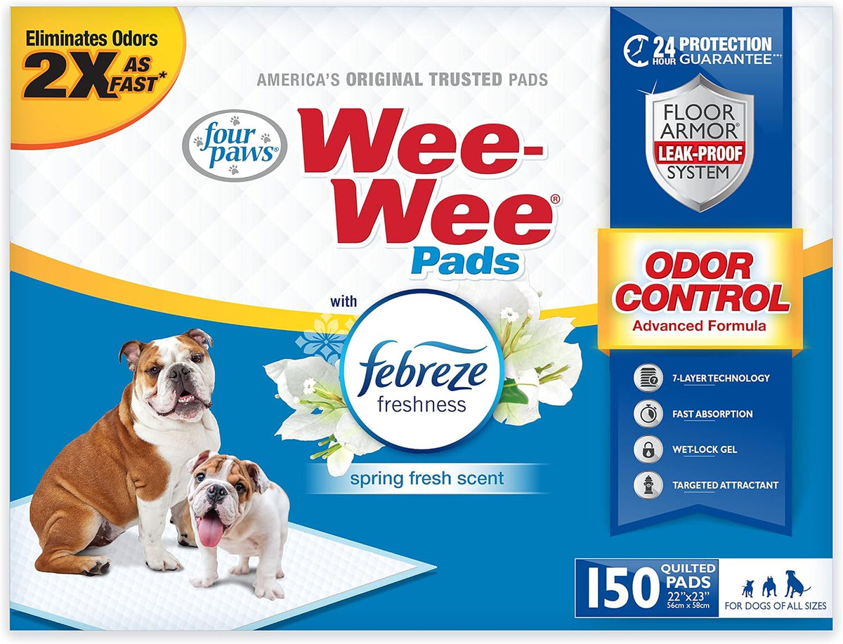 Four Paws Wee-Wee Odor Control Dog Pee Pads with Febreze Freshness | 150 count, spring fresh scent, neutralizes ammonia odors, pee pads for dogs & puppies, dog housebreaking, 22" x 23"