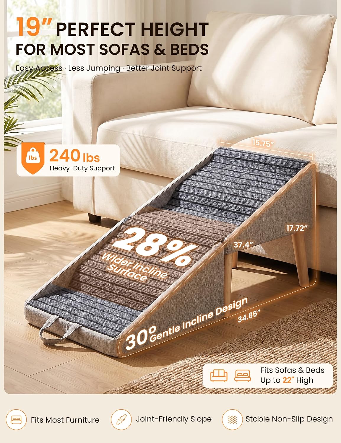 Dog Ramp for Small & Large Dogs, Pet Stairs for Bed & Couch, 2-in-1, 19" H