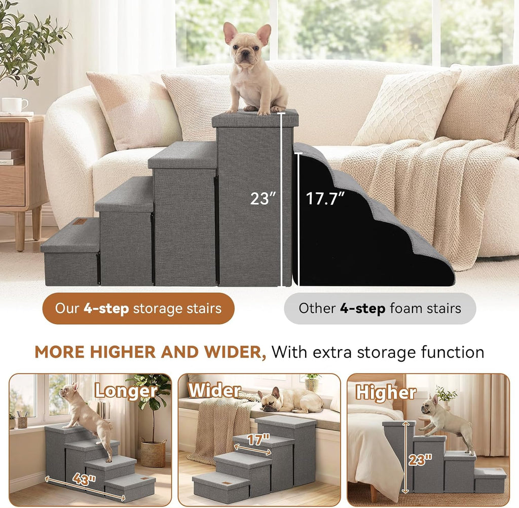 Zerbuger Dog Stairs with Storage, Grey 4 Steps Dog Ramp no Condo for Bed