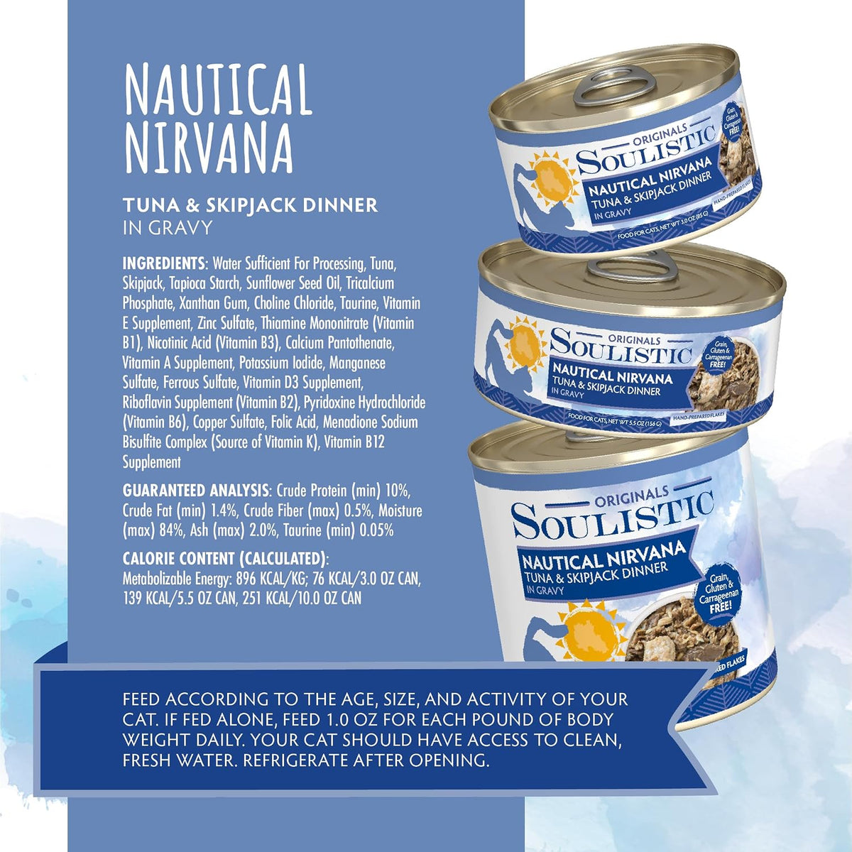 Soulistic Originals Wet Cat Food, Nautical Nirvana Tuna and Skipjack Dinner in Gravy, 5.5oz Can, Pack of 8