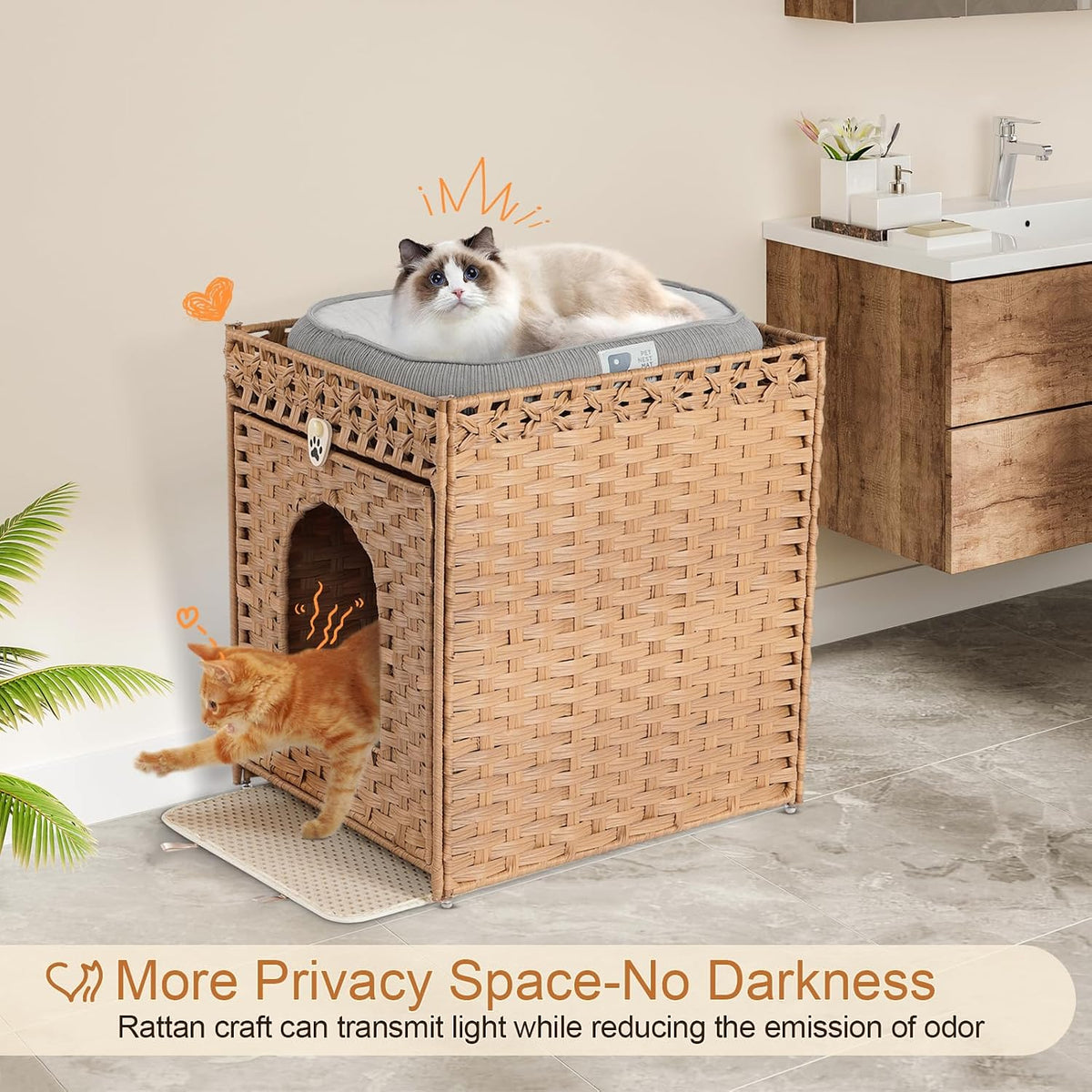 Snughome Cat Litter Box Enclosure Furniture Hidden with Litter Mat, Hidden Washroom Furniture with Door, Handwoven Rattan Cat Washroom Box, Indoor Pet House for Living Room, Bedroom(Natural)