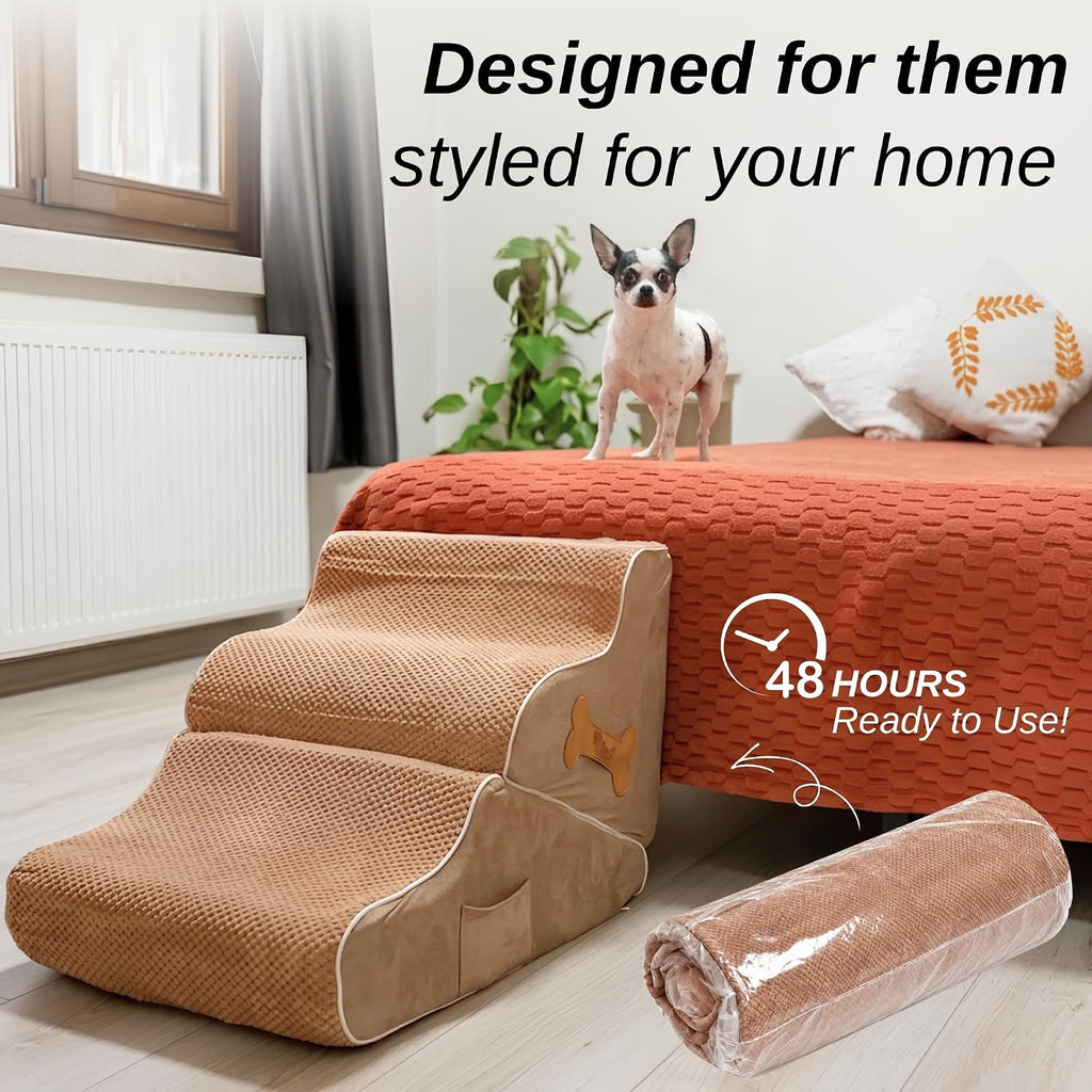 Dog Stairs for Bed & Couch – 2-in-1 Foldable Dog Stairs and Ramp (Beige)