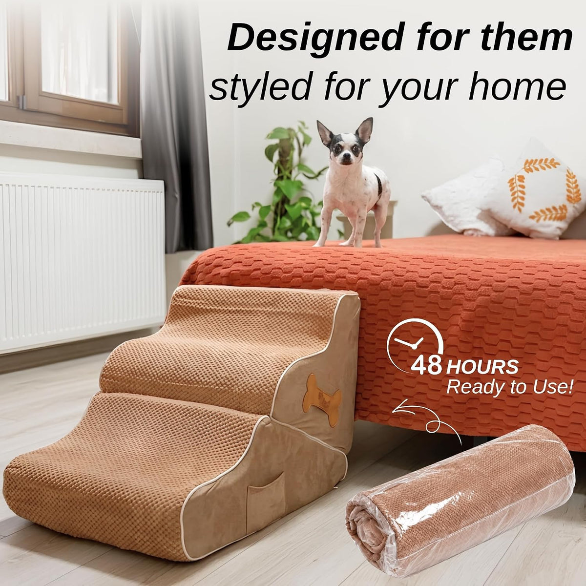 Dog Stairs for Bed & Couch – 2-in-1 Foldable Dog Stairs and Ramp (Beige)