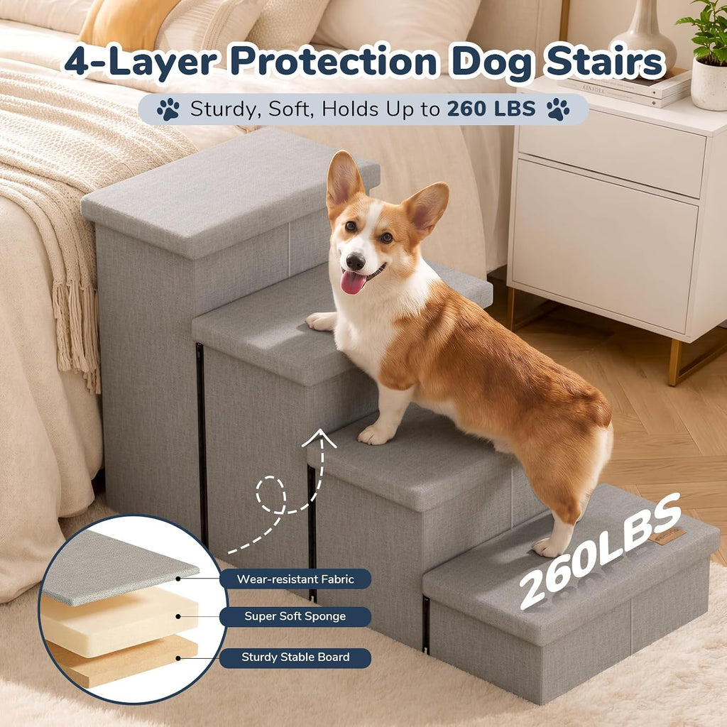 4-Step Wide Dog Stairs with Storage 23" H, Non-Slip Sturdy Pet Steps for High Bed Couch Window, Pet Stairs for Small/Medium/Large Old Dogs Cats Up to 220lbs, Cat Dog Steps for Car, Light Grey