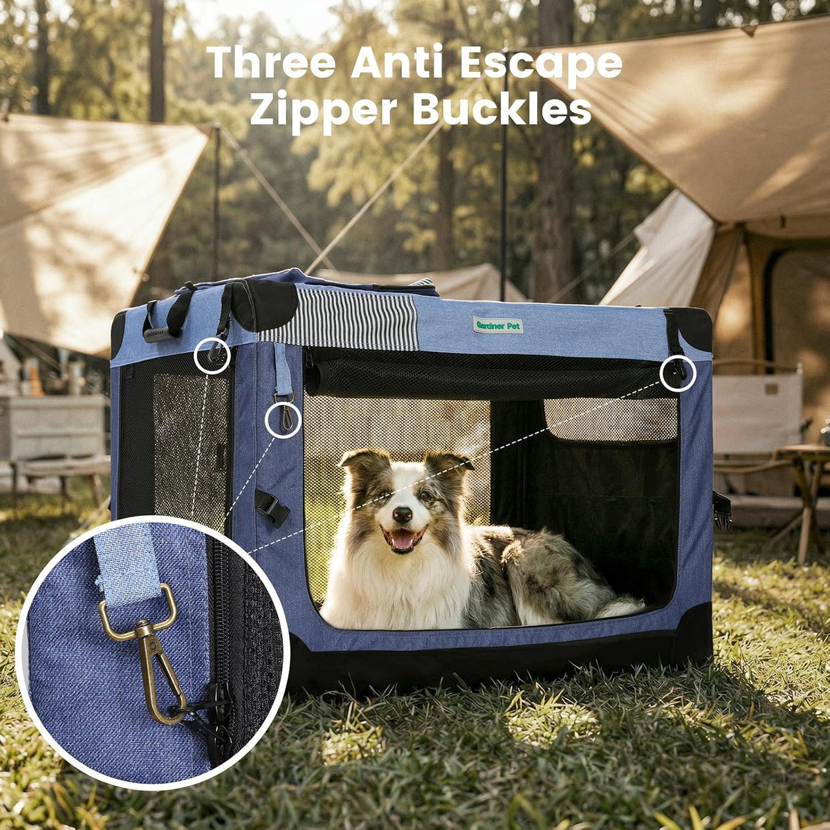 Gardner Pet Soft Collapsible Dog Crate - 26 Inch Portable Travel Dog Crate for Puppy/Small Dogs Indoor & Outdoor, 3-Door Pet Crate with Durable Mesh Windows & Storage Bag, Blue