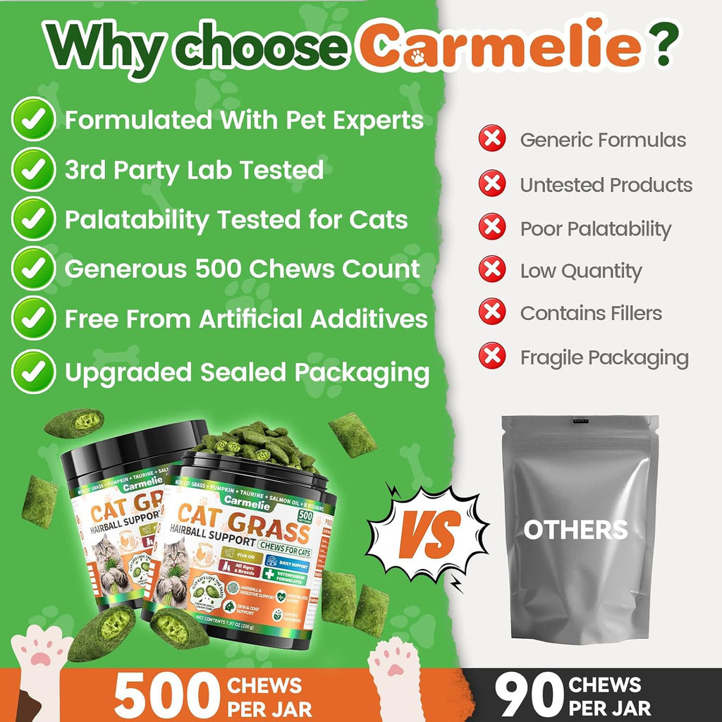 Carmelie Cat Grass Treats Chews, Hairball Treatment for Cats, 500 Count
