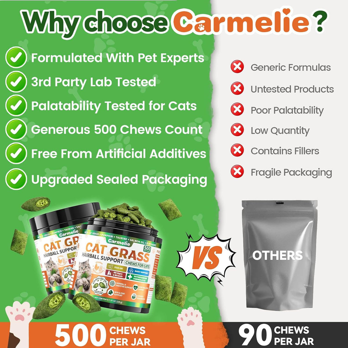 Carmelie Cat Grass Treats Chews, Hairball Treatment for Cats, 500 Count