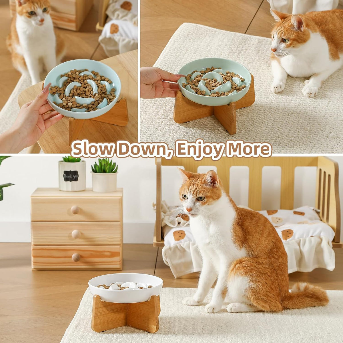 Elevated Slow Feeder Cat Bowl - Melamine Cat Food Plate with Anti-Slip Bamboo Stand - Whisker Friendly Feeding Bowl - Raised Maze Dish for Slow Eating - Mint Green