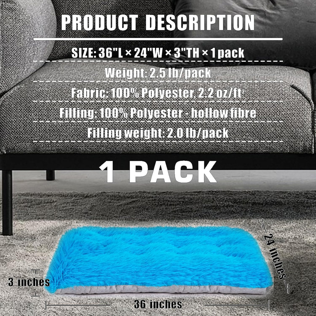 Machine Washable Dog Bed, Deluxe Plush Dog Crate Pad and Cat Bed, Anti-Slip Bottom Kennel Pad Mat, Fuzzy Pet Beds for Large, Medium, Small Dogs Breeds (Azure Blue, 36.0"L x 24.0"W x 3.0"Th x 1 Pack)