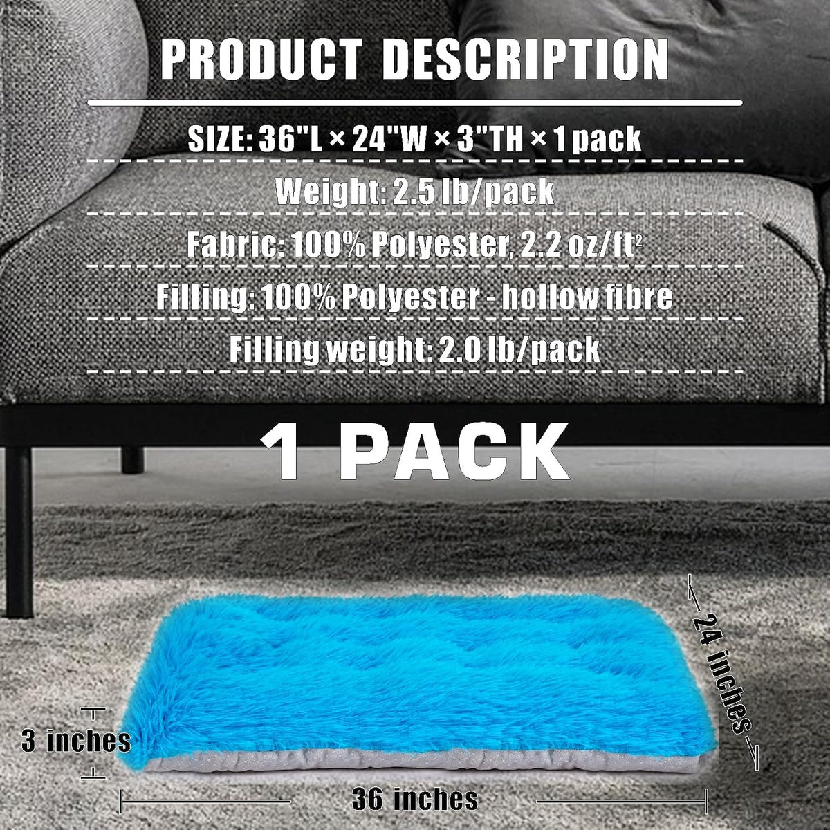 Machine Washable Dog Bed, Deluxe Plush Dog Crate Pad and Cat Bed, Anti-Slip Bottom Kennel Pad Mat, Fuzzy Pet Beds for Large, Medium, Small Dogs Breeds (Azure Blue, 36.0"L x 24.0"W x 3.0"Th x 1 Pack)