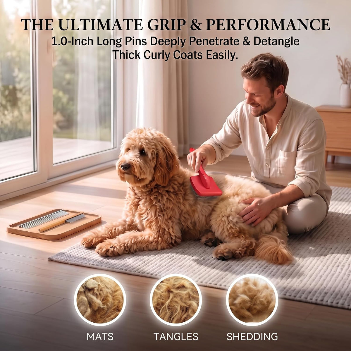 3-in-1 Long Pin Slicker Brush Set, Pet Grooming Kit,Red