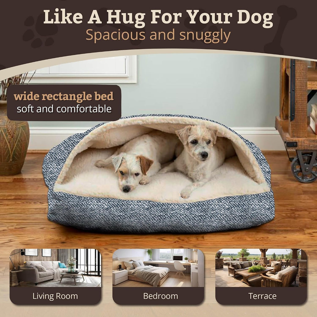 Snoozer Rectangle Cozy Cave Dog Bed, Hooded Dog Bed, Palmer Indigo (L)