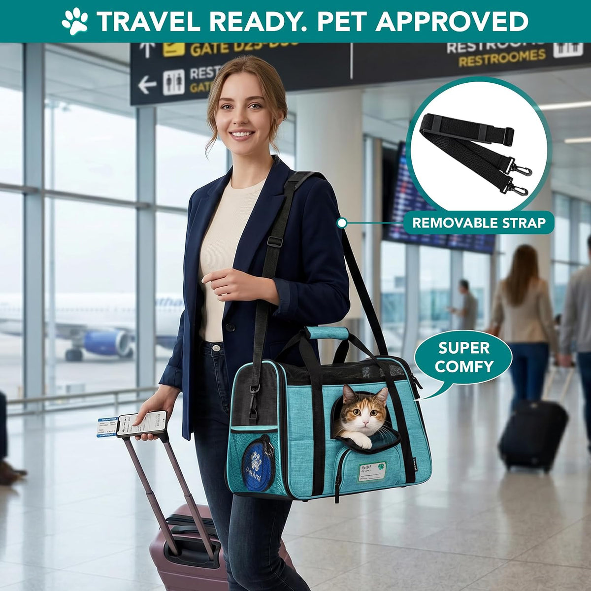 PetAmi Airline Approved Pet Carrier for Cats Small Dogs, Large Heather Blue