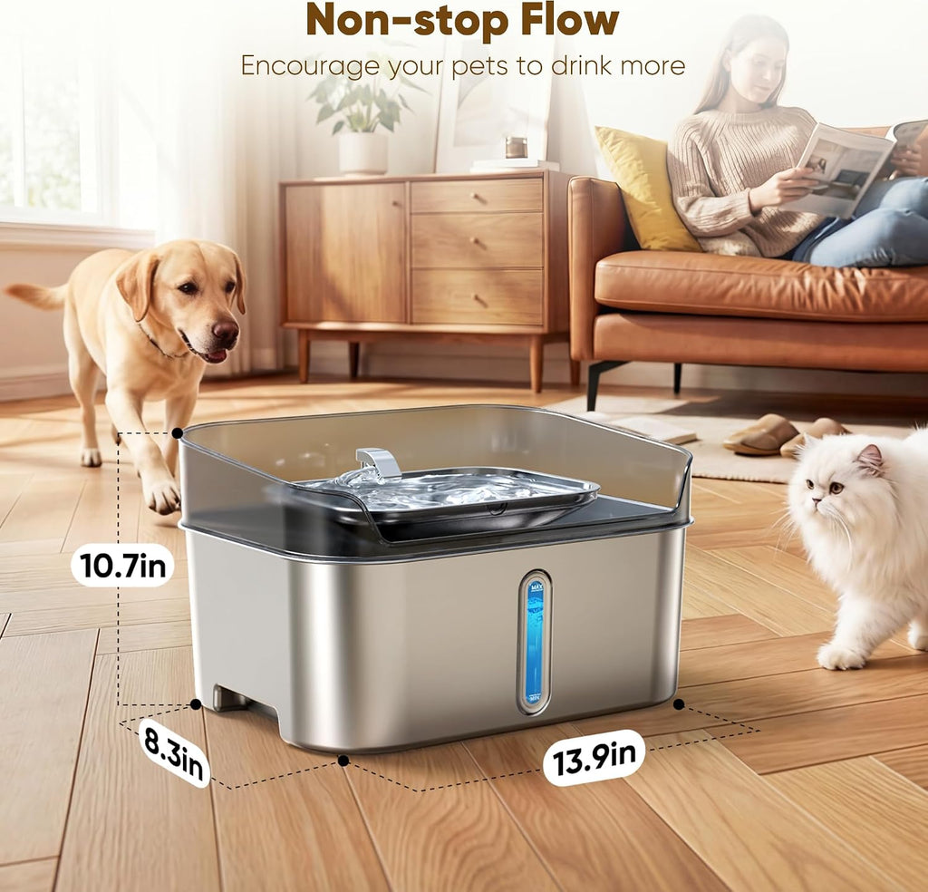 No Spill Dog Water Fountain Stainless Steel, Large 8L/2.1Gal Ultra Quiet