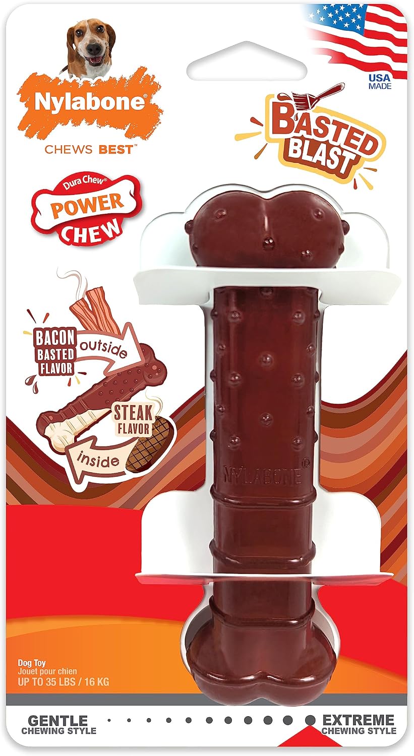 Nylabone Power Chew Basted Blast Dog Chew Toy, Bacon & Steak Flavor, Medium