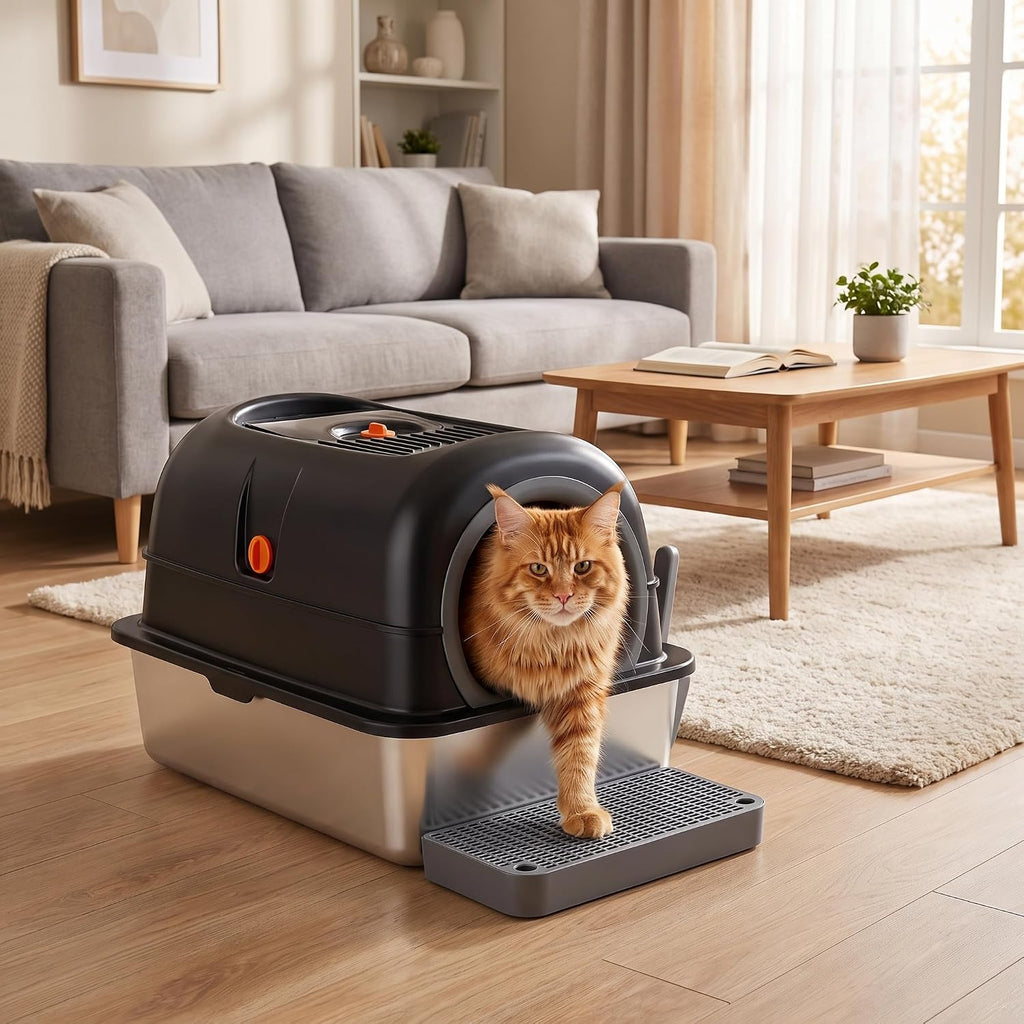Enclosed Cat Litter Box, Stainless Steel Litter Box with Lid, Black
