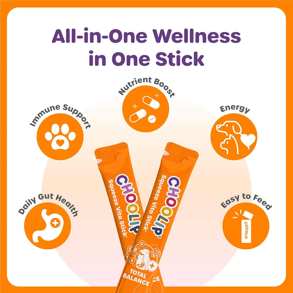 Choolip Squeeze Vita Stick Total Balance for Dogs & Cats, Daily Wellness Puree Treats with Korean Kimchi-Derived Postbiotics, Vitamins B, C & E, Grain Free, 15g x 4 Sticks
