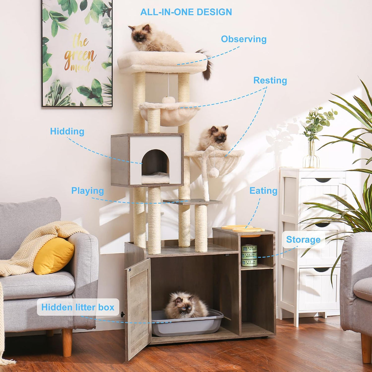 Hey-brother Cat Tree Tower, Wooden Litter Box Enclosure and Condo, MPJ115SG