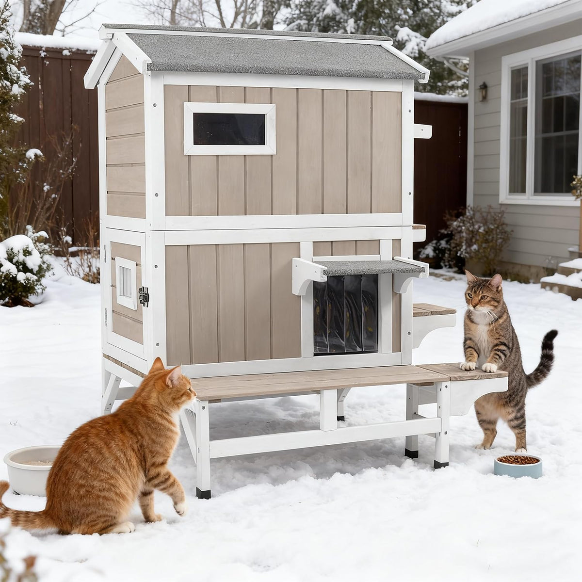 GoWoodHut Outdoor Cat House Weatherproof Cats Shelter for Feral Kitten Pet Houses for 1-2 Small Animlas 2 Story Wooden Houses for Indoor Outdoor Cats with Escape Doors (2 Story Cat House-73TI)