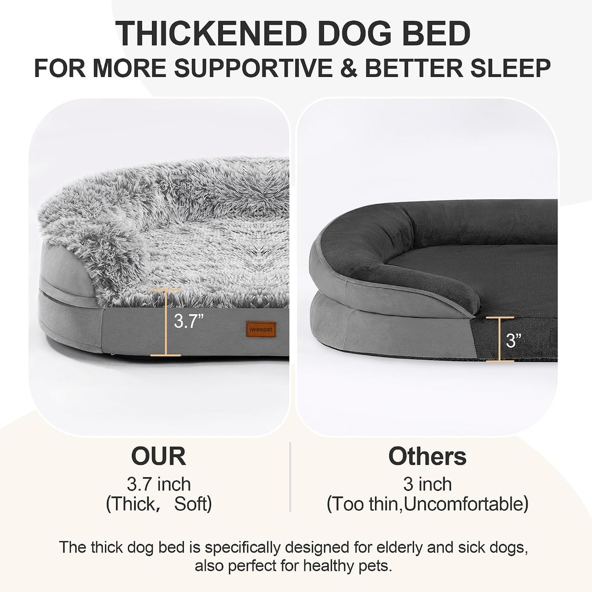 iweepet Fluffy Calming Orthopedic Dog Beds for Medium & Large Dogs, Supportive Dog Sofa Bed with 3.7 inch 28D Egg-Crate Foam, Removable Washable Plush Cover, Waterproof Lining, 41'',Grey